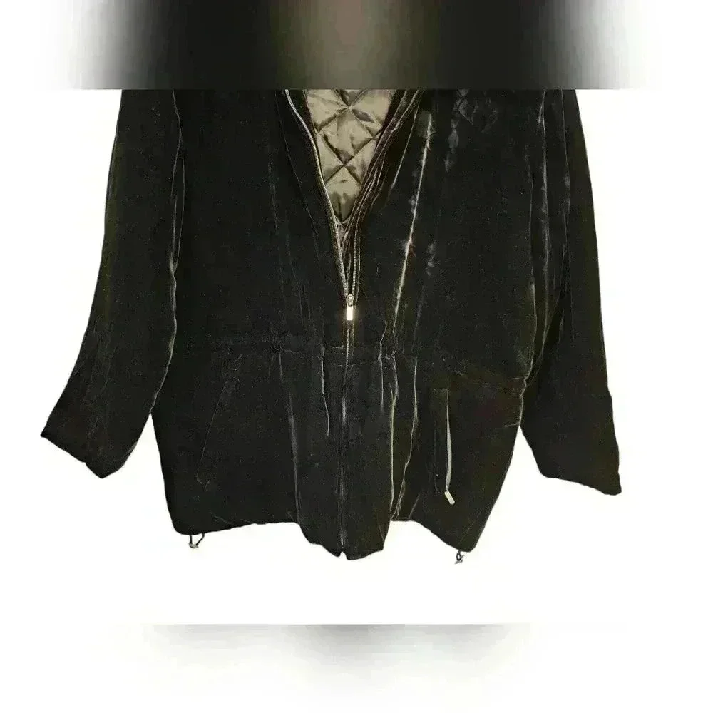 WOMENS LAUREN RALPH LAUREN BLACK VELVET SILK HOODED COAT PARKA LARGE - Picture 7 of 13